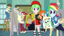 Size: 1920x1080 | Tagged: safe, screencap, drama letter, golden hazel, rainbow dash, rose heart, watermelody, wiz kid, a queen of clubs, equestria girls, equestria girls series, g4, background human, beret, clothes, converse, cute, dashabetes, drawing, geode of super speed, hat, magical geodes, peace sign, photobomb, shoes