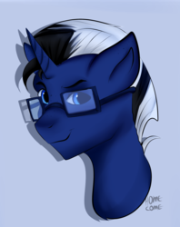 Size: 2294x2894 | Tagged: safe, artist:sinigam41, oc, oc only, oc:shabaco, pony, unicorn, bust, glasses, high res, looking at you, male, simple background, solo