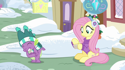 Size: 1280x720 | Tagged: safe, screencap, fluttershy, spike, dragon, pegasus, pony, best gift ever, g4, clothes, duo, earmuffs, eyes closed, female, fluttershy's purple sweater, hat, male, mare, scarf, snow, striped scarf, sweater, sweatershy, winter, winter outfit