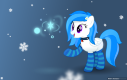 Size: 3646x2292 | Tagged: safe, artist:potato22, oc, oc only, oc:winter white, pony, blurry, clothes, collar, gradient background, high res, magic, magic but no horns, snow, socks, solo, striped socks