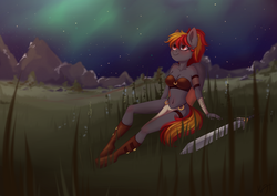 Size: 3508x2480 | Tagged: safe, artist:glumarkoj, oc, oc only, pegasus, anthro, unguligrade anthro, bandage, belly button, breasts, cleavage, fantasy class, female, grass, high res, loincloth, mountain, night, short pastern, solo, stargazing, stars, sword, warrior, weapon