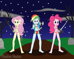 Size: 4500x3600 | Tagged: safe, artist:iloveladies2, artist:phantomshadow051, fluttershy, pinkie pie, rainbow dash, human, fanfic:equestria girls n' goblins, equestria girls, g4, adorasexy, axe, barefoot, battle axe, belly button, boyshorts, bra, breasts, butterfly print underwear, clothes, cute, embarrassed, embarrassed underwear exposure, feet, female, fierce, ghost n goblins, ghosts and goblins, gravestone, graveyard, grin, heart, heart print underwear, humanized, humiliation, knight, lance, looking at you, multicolored hair, panties, parody, rainbow hair, rainbow underwear, sexy, skimpy outfit, sleeveless, smiling, smiling at you, stupid sexy fluttershy, stupid sexy pinkie, stupid sexy rainbow dash, sword, trio, underwear, undressed, weapon, white underwear