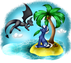 Size: 3600x3200 | Tagged: safe, artist:rayannecuervo, oc, oc:shabaco, oc:yui, dragon, pony, unicorn, beach, coconut tree, flying, happy, high res, leaf, palm tree, sitting, tree, water
