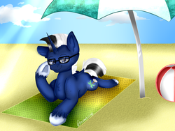 Size: 1600x1200 | Tagged: safe, artist:rayannecuervo, oc, oc:shabaco, ball, beach, glasses, looking at you, pose, sand, sun, umbrella