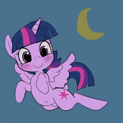 Size: 1000x1000 | Tagged: safe, artist:baigak, twilight sparkle, alicorn, pony, g4, belly button, blushing, crescent moon, cute, female, mare, moon, smiling, solo, twiabetes, twilight sparkle (alicorn)