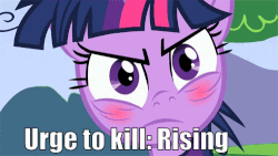 Size: 500x281 | Tagged: safe, edit, edited screencap, screencap, twilight sparkle, g4, lesson zero, season 2, angry, animated, blushing, blushlight sparkle, female, gif, looking at you, messy mane, simpsons did it, text edit, the simpsons, this will end in death, this will not end well, urge to kill rising