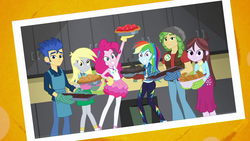 Size: 1920x1080 | Tagged: safe, screencap, derpy hooves, flash sentry, pinkie pie, rainbow dash, sandalwood, velvet sky, a queen of clubs, equestria girls, equestria girls series, g4, background human, baking, bread, brownie, clothes, croissant, food, geode of sugar bombs, geode of super speed, magical geodes, oven mitts, pantyhose, photo, photobomb, pie, you tried