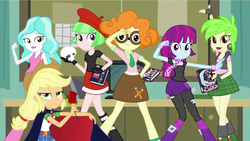 Size: 1920x1080 | Tagged: safe, screencap, applejack, cherry crash, drama letter, mystery mint, paisley, scribble dee, watermelody, a queen of clubs, equestria girls, g4, my little pony equestria girls: better together, applejack is best facemaker, applejack's hat, background human, beret, book, boots, clothes, club, cowboy hat, cute, female, flower, geode of super strength, glasses, group, hat, magical geodes, manga, miniskirt, pantyhose, photobomb, picture, plaid skirt, ripped pantyhose, rose, sailor jupiter, sailor mars, sailor mercury, sailor moon (series), sailor venus, scribblebetes, sextet, shoes, skirt, skull, tuxedo jack, tuxedo mask, yorick