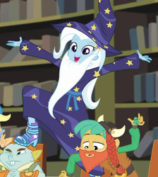 Size: 772x863 | Tagged: safe, screencap, snails, snips, trixie, a queen of clubs, equestria girls, g4, my little pony equestria girls: better together, clothes, costume, cropped, cute, diatrixes, fake beard, trixie's fans, wizard