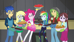 Size: 1920x1080 | Tagged: safe, screencap, derpy hooves, flash sentry, pinkie pie, rainbow dash, sandalwood, velvet sky, a queen of clubs, equestria girls, g4, my little pony equestria girls: better together, background human, baking, bread, brownie, clothes, croissant, food, geode of sugar bombs, geode of super speed, magical geodes, oven mitts, pantyhose, photo, photobomb, pie