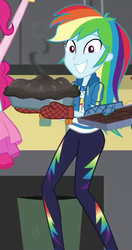 Size: 427x807 | Tagged: safe, screencap, pinkie pie, rainbow dash, a queen of clubs, equestria girls, equestria girls series, g4, awkward smile, burned, clothes, cropped, female, food, geode of super speed, jacket, magical geodes, mittens, offscreen character, pants, pie, smiling