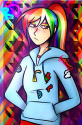 Size: 699x1068 | Tagged: safe, artist:katedoof, rainbow dash, human, g4, abstract background, clothes, ear piercing, eyebrow piercing, female, freckles, hoodie, humanized, piercing, ponytail, solo