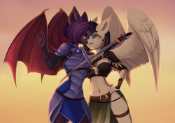 Size: 3508x2480 | Tagged: safe, artist:shiro-roo, oc, oc only, oc:dawn sentry, bat pony, pegasus, anthro, armor, belly button, bracer, breasts, cleavage, dagger, duo, fantasy class, female, hand on hip, high res, looking at each other, shoulder pads, sword, unconvincing armor, warrior, weapon, ych result