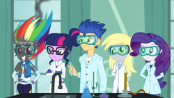 Size: 1920x1080 | Tagged: safe, screencap, derpy hooves, flash sentry, rainbow dash, rarity, sci-twi, twilight sparkle, a queen of clubs, equestria girls, g4, my little pony equestria girls: better together, beaker, chemistry, clothes, geode of super speed, geode of telekinesis, lab coat, laboratory, magical geodes, safety goggles, smoke, test tube