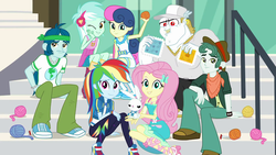 Size: 1920x1080 | Tagged: safe, screencap, angel bunny, bon bon, bulk biceps, captain planet, fluttershy, lyra heartstrings, rainbow dash, scott green, sweetie drops, a queen of clubs, equestria girls, g4, my little pony equestria girls: better together, background human, clothes, converse, geode of fauna, geode of super speed, magical geodes, shoes, smiling