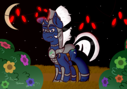 Size: 1701x1194 | Tagged: safe, artist:sconedream, oc, oc only, oc:shabaco, pony, unicorn, armor, male, pose, simple background, solo