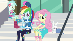 Size: 1920x1080 | Tagged: safe, screencap, angel bunny, bon bon, fluttershy, lyra heartstrings, rainbow dash, sweetie drops, a queen of clubs, equestria girls, equestria girls series, g4, clothes, dress, female, geode of fauna, geode of super speed, knitting, magical geodes, multicolored hair, sweater, wool