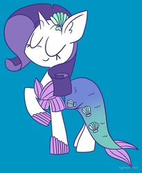 Size: 818x1000 | Tagged: safe, artist:typhwosion, rarity, pony, unicorn, g4, blue background, clothes, costume, dress, eyes closed, female, mare, mermarity, nightmare night costume, raised hoof, rarity's mermaid dress, simple background, smiling, solo