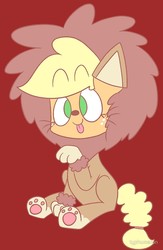 Size: 650x1000 | Tagged: safe, artist:typhwosion, applejack, earth pony, pony, g4, animal costume, applelion, clothes, costume, female, freckles, mare, nightmare night costume, paw pads, paws, raised hoof, sitting, smiling, solo, tongue out, underpaw