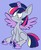 Size: 813x1000 | Tagged: safe, artist:typhwosion, derpy hooves, pegasus, pony, g4, alicorn costume, clothes, costume, fake horn, fake wings, female, hoof shoes, mare, nightmare night costume, simple background, sitting, smiling, solo, toilet paper roll, toilet paper roll horn, twilight muffins, twilight sparkle costume, wig