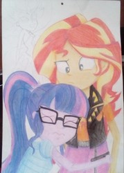 Size: 1371x1920 | Tagged: safe, artist:jeqdor, sci-twi, sunset shimmer, twilight sparkle, equestria girls, g4, my little pony equestria girls: better together, confused, glasses, midnight sparkle, photo, scared, sketch, traditional art