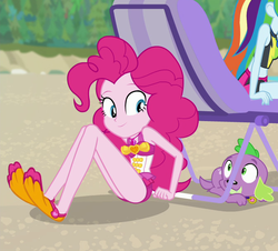 Size: 673x609 | Tagged: safe, screencap, pinkie pie, spike, spike the regular dog, dog, equestria girls, equestria girls series, g4, my little pony equestria girls: forgotten friendship, clothes, cropped, cute, duo focus, geode of sugar bombs, magical geodes, offscreen character, pinkie pie swimsuit, sleeveless, swimsuit