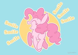 Size: 1000x710 | Tagged: safe, artist:typhwosion, pinkie pie, earth pony, pony, g4, abstract background, cute, diapinkes, excited, eyes closed, female, mare, open mouth, profile, smile smile smile, smiling, solo, text