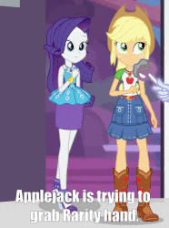 Size: 540x726 | Tagged: safe, screencap, applejack, microchips, rarity, sci-twi, twilight sparkle, equestria girls, equestria girls series, g4, rollercoaster of friendship, animated, apple, caption, caramel apple (food), cropped, duo focus, female, food, forced shipping, geode of shielding, geode of super strength, gif, implied lesbian, implied rarijack, implied shipping, legs, magical geodes, misspelling, offscreen character, shipping fuel, shipping goggles