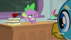 Size: 1920x1080 | Tagged: safe, screencap, gallus, spike, dragon, a rockhoof and a hard place, g4, apple, book, chalkboard, food, solo focus, winged spike, wings