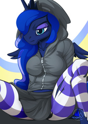 Size: 955x1351 | Tagged: safe, artist:mysticalpha, princess luna, alicorn, anthro, g4, breasts, busty princess luna, clothes, disgruntled, eyeshadow, female, hoodie, leggings, makeup, pantyhose, ripped pantyhose, skirt, solo, striped pantyhose, thighs, upskirt denied