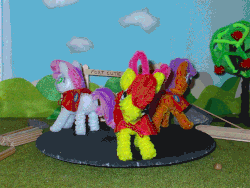 Size: 1066x800 | Tagged: safe, artist:malte279, apple bloom, scootaloo, sweetie belle, g4, animated, cape, chenille, chenille stems, chenille wire, clothes, craft, cutie mark crusaders, female, gif, irl, photo, pipe cleaner sculpture, pipe cleaners, stop motion