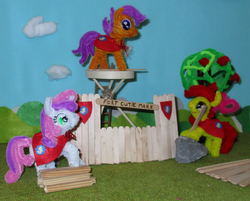 Size: 2437x1960 | Tagged: safe, artist:malte279, apple bloom, scootaloo, sweetie belle, g4, cape, chenille, chenille stems, chenille wire, clothes, craft, cutie mark crusaders, fort, pipe cleaner sculpture, pipe cleaners