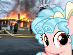 Size: 1000x750 | Tagged: safe, edit, cozy glow, pony, g4, burning, cozybetes, cute, disaster girl, irl, looking at you, meme, photo, ponies in real life, pure concentrated unfiltered evil of the utmost potency, pure unfiltered evil, some mares just want to watch the world burn
