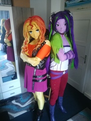 Size: 2976x3968 | Tagged: safe, artist:doitzel1, artist:mimickig, aria blaze, sunset shimmer, human, equestria girls, g4, animegao kigurumi, boots, clothes, colorful, corset, cosplay, costume, duo, high res, irl, irl human, jacket, meeting, pants, photo, purple, shoes, skirt, tough, yellow