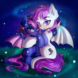 Size: 3000x3000 | Tagged: safe, artist:chaosangeldesu, oc, oc only, oc:evening's dawn, oc:nebulous (bat), bat pony, pony, bat pony oc, blushing, couple, cute, high res, night, stars