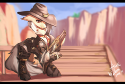 Size: 3000x2000 | Tagged: safe, artist:theprince, earth pony, pony, ashe (overwatch), clothes, cowboy hat, crossover, female, gun, hat, high res, lever action rifle, mare, overwatch, ponified, rifle, smiling, solo, stetson, weapon