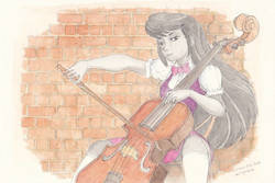 Size: 1024x682 | Tagged: safe, artist:daisymane, octavia melody, equestria girls, g4, beauty mark, bowtie, cello, clothes, female, looking at you, musical instrument, solo, traditional art, watercolor painting, zettai ryouiki