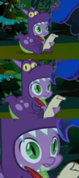 Size: 854x1920 | Tagged: safe, edit, edited screencap, screencap, spike, dragon, g4, luna eclipsed, clothes, costume, faic, male, reaction image, scroll, sitting, solo focus, thousand yard stare, wat, zoom