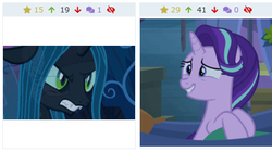 Size: 435x244 | Tagged: safe, screencap, queen chrysalis, starlight glimmer, changeling, changeling queen, derpibooru, g4, road to friendship, the mean 6, cropped, death stare, female, juxtaposition, juxtaposition win, meme, meta