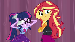 Size: 1280x720 | Tagged: safe, screencap, sci-twi, sunset shimmer, twilight sparkle, equestria girls, g4, my little pony equestria girls: better together, stressed in show, crossed arms, geode of telekinesis, looking at you, looking back, looking back at you, magical geodes, shrunken pupils, sunset shimmer is not amused, unamused