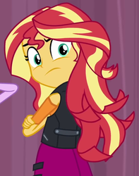Size: 568x720 | Tagged: safe, screencap, sunset shimmer, equestria girls, equestria girls series, g4, stressed in show, angry, cropped, female, looking at you, looking back, solo, sunset shimmer is not amused, unamused