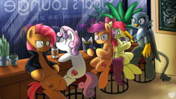 Size: 1920x1080 | Tagged: safe, artist:sugar morning, apple bloom, babs seed, gabby, scootaloo, sweetie belle, earth pony, griffon, pegasus, pony, unicorn, equestria daily, g4, cafe, chair, clothes, cmc day, cutie mark, cutie mark crusader day, cutie mark crusaders, drink, female, filly, freckles, hang out, hoof hold, jacket, leather jacket, notepad, rain, sitting, the cmc's cutie marks, window