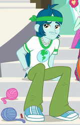 Size: 545x853 | Tagged: safe, screencap, captain planet, a queen of clubs, equestria girls, g4, my little pony equestria girls: better together, background human, clothes, cropped, hand in pocket, looking at you, male, pants, shoes, sitting, smiling, sneakers, solo, yarn, yarn ball