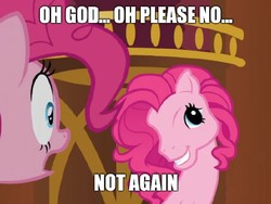 Size: 665x499 | Tagged: safe, edit, edited screencap, editor:apex soundwave, screencap, pinkie pie, earth pony, pony, g4, too many pinkie pies, caption, duo, female, image macro, mare, meme, old meme, pinkie's silly face, ponyville, text, vietnam flashback