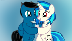 Size: 3840x2160 | Tagged: safe, artist:agkandphotomaker2000, dj pon-3, vinyl scratch, oc, oc:pony video maker, pegasus, pony, unicorn, g4, bipedal, canon x oc, cute, duo, female, heart, high res, jewelry, love necklace, male, necklace, shipping, teeth, videoscratch