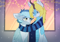 Size: 4092x2893 | Tagged: safe, artist:shiro-roo, oc, oc only, kirin, pegasus, pony, clothes, duo, heterochromia, kirin oc, lights, looking at each other, scarf, shared clothing, shared scarf, snow, snowfall, ych result