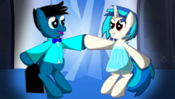 Size: 1920x1080 | Tagged: safe, artist:agkandphotomaker2000, dj pon-3, vinyl scratch, oc, oc:pony video maker, pegasus, pony, unicorn, g4, bipedal, canon x oc, clothes, dancing, dress, duo, female, male, open mouth, pony prom, pony video maker x vinyl scratch, teeth, videoscratch