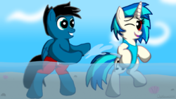 Size: 1920x1080 | Tagged: safe, artist:agkandphotomaker2000, dj pon-3, vinyl scratch, oc, oc:pony video maker, pegasus, pony, unicorn, g4, beach, bipedal, canon x oc, clothes, duo, female, male, one eye closed, open mouth, playing, pony video maker x vinyl scratch, splashing, summer, swimming trunks, swimsuit, teeth, videoscratch, water