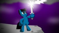 Size: 1920x1080 | Tagged: safe, artist:agkandphotomaker2000, oc, oc only, oc:pony video maker, pegasus, pony, awesome, bipedal, lightning, looking up, male, solo, sword, weapon