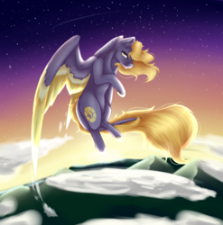 Size: 2480x2507 | Tagged: safe, artist:lilrandum, oc, oc only, oc:lightning boom, pegasus, pony, blonde, cloud, colored wings, colored wingtips, detailed background, ear fluff, flying, high res, large wings, looking at you, male, mountain, mountain range, shooting star, signature, smiling, smirk, solo, spread wings, stallion, starry night, unshorn fetlocks, wings